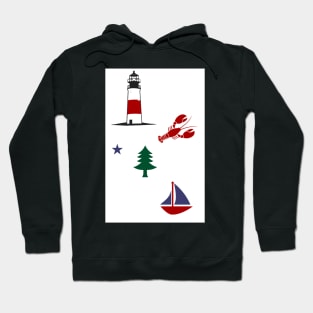 Maine Things -- lobster, sailboat, pine tree flag, lighthouse Hoodie